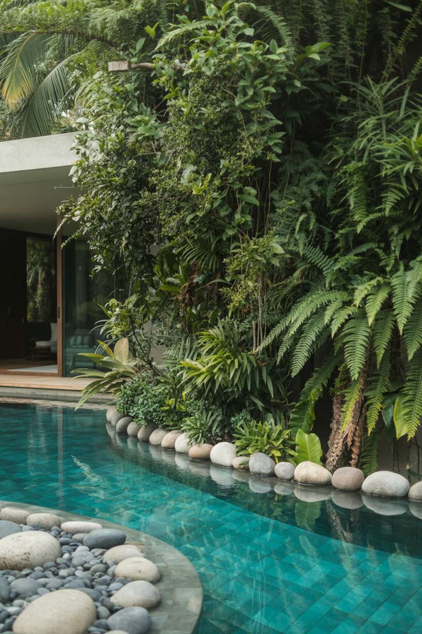 Natural swimming pool with infinity edge and tropical plant backdrop partially revealing modern villa