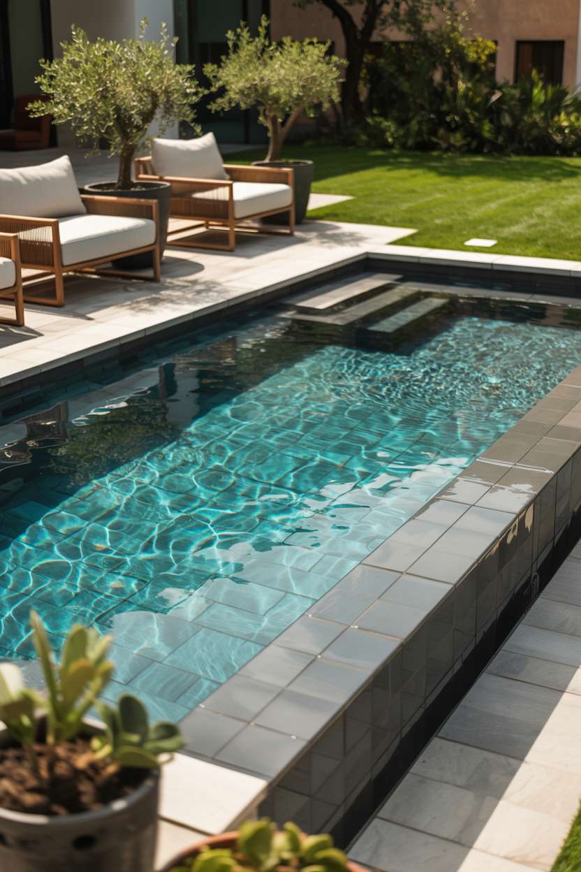 Infinity swimming pool with dark tile border and modern lounge chairs surrounded by olive trees
