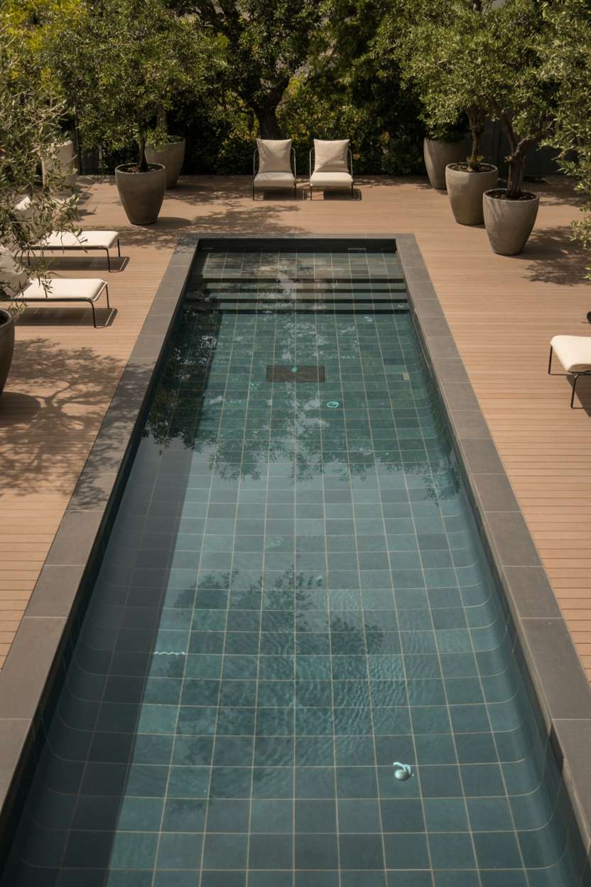 Modern rectangular pool with warm composite decking and olive tree landscaping