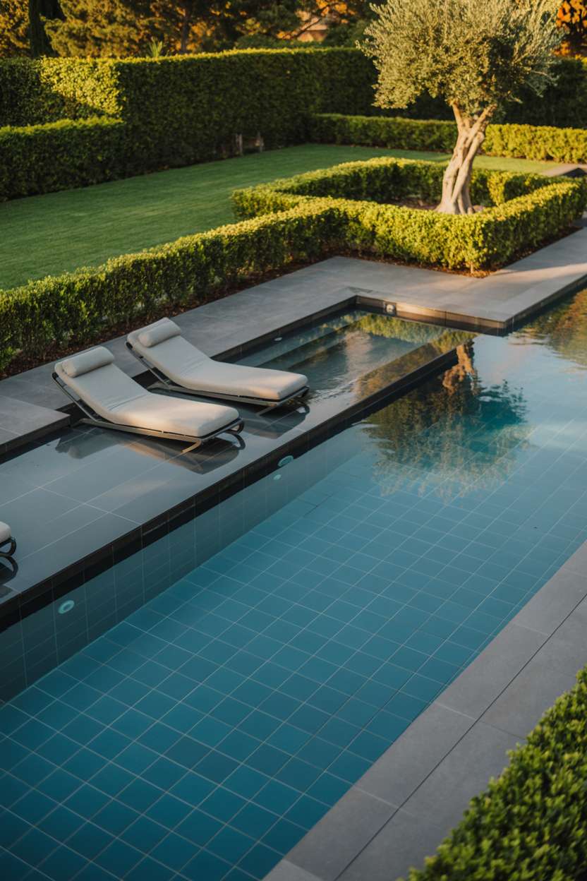 Modern swimming pool with tanning ledge, minimalist lounge chairs, and manicured lawn with olive trees