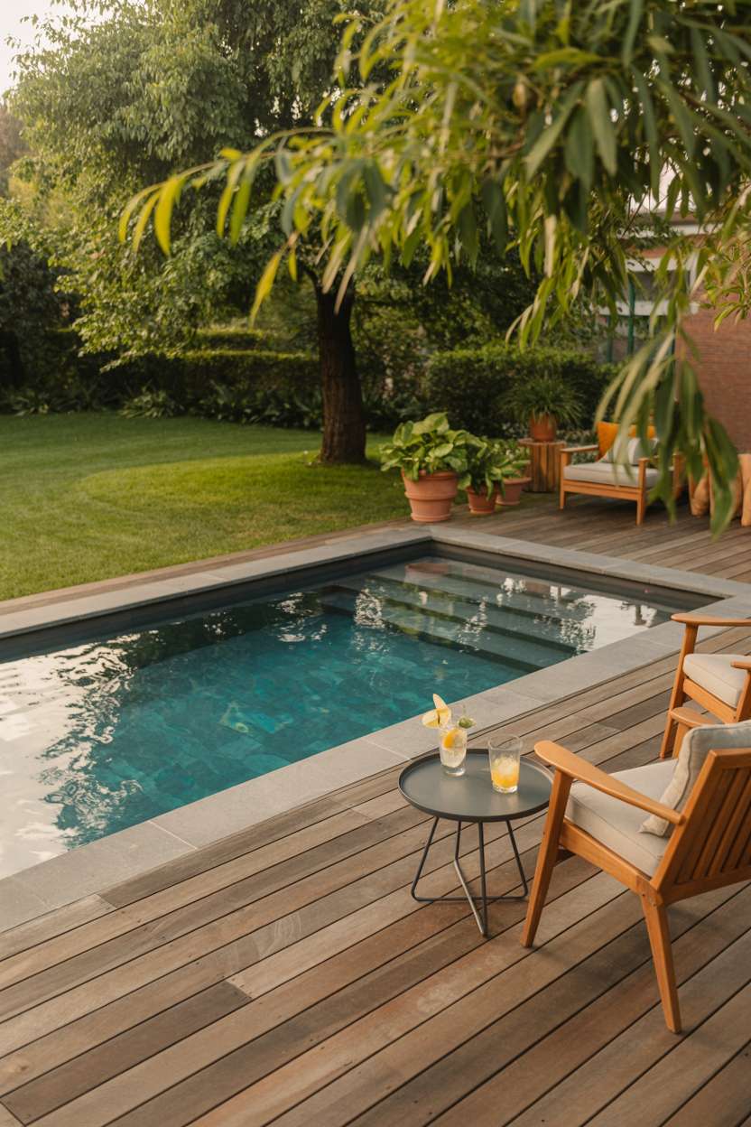 Rectangular swimming pool with wooden deck and mature willow tree creating shade