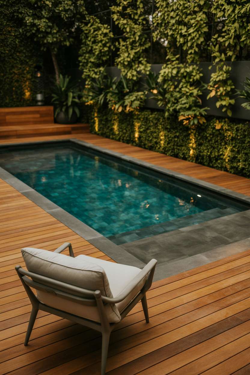 Modern swimming pool with cedar decking and outdoor lighting creating evening ambiance