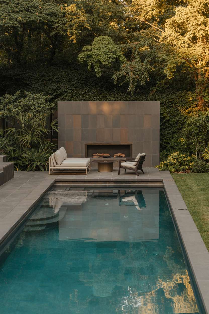 Modern swimming pool with dark stone patio, lounge chairs, and outdoor fireplace