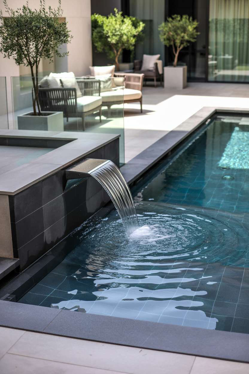 Luxury swimming pool with built-in waterfall, light stone patio, and glass safety fence