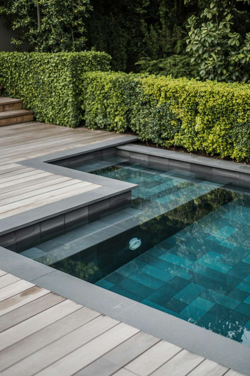 Modern rectangular swimming pool with natural wood decking and manicured boxwood hedges