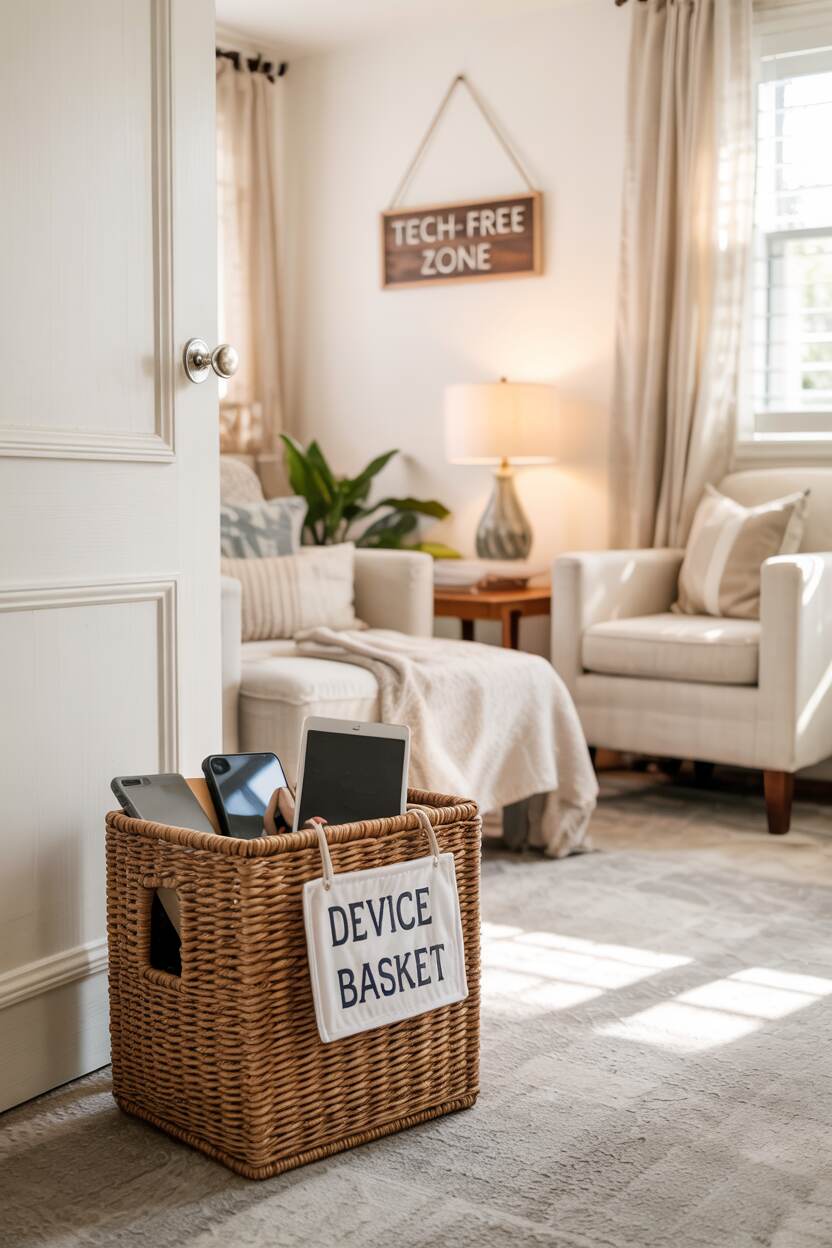 Digital Minimalism: Reclaim Your Time and Mental Space 1 A cozy living room with a visible "device basket" by the door where family members have placed their phones and tablets. The room features a small wooden sign on the wall that reads "Tech-Free Zone" in elegant lettering.