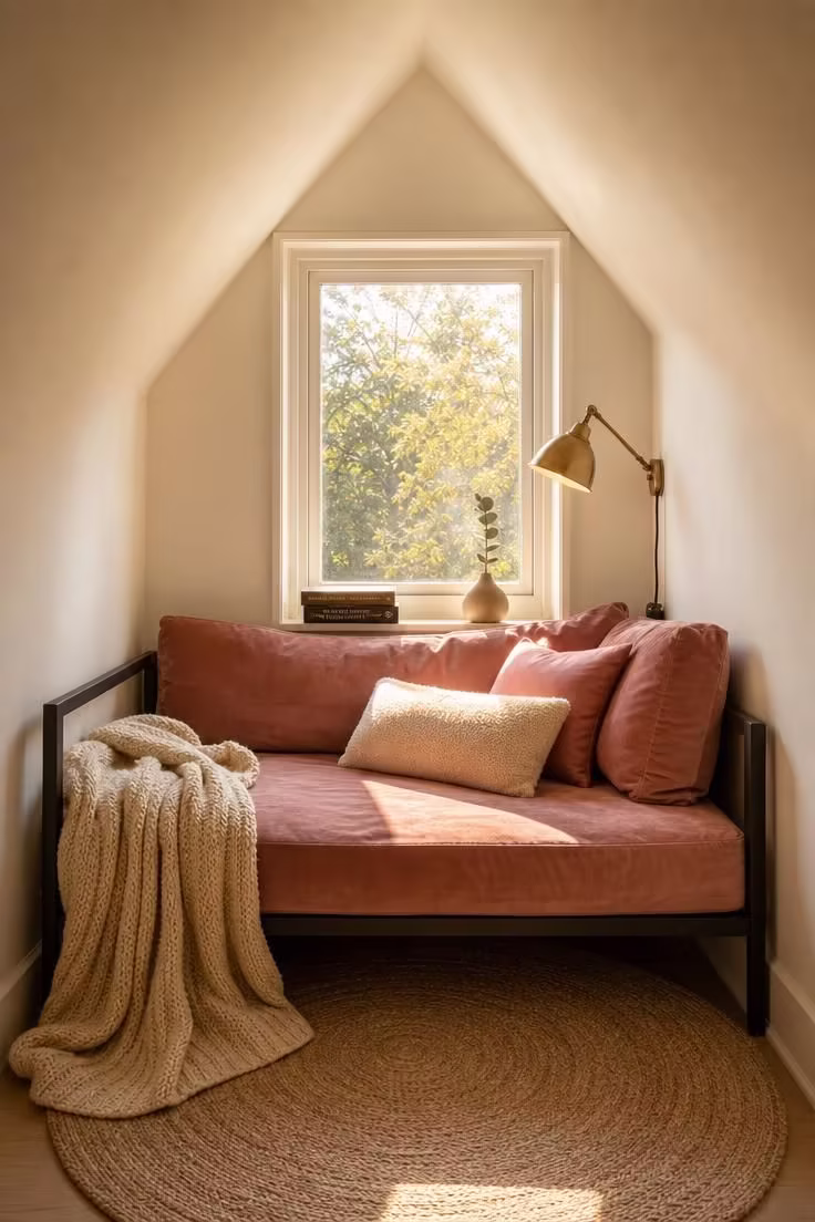 11 Cozy Teen Reading Nook Ideas to Love and Unwind 1 Dusty rose velvet daybed inside a dormer window recess with a brass clip-on lamp and cream knit throw in warm afternoon light