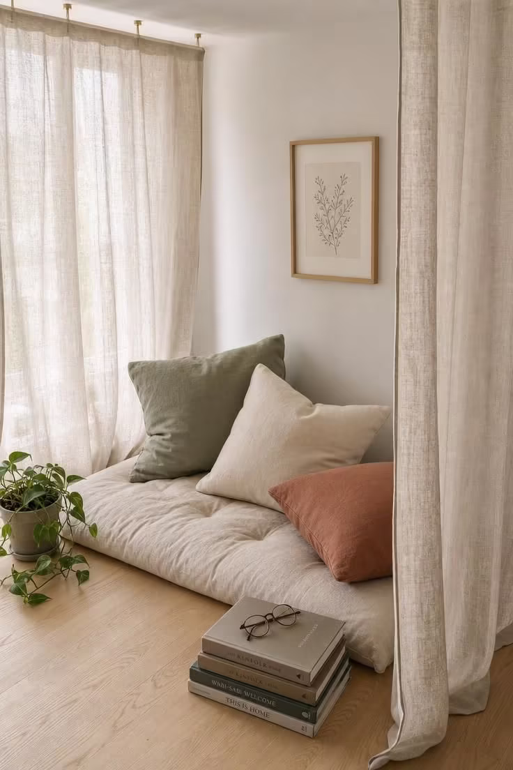11 Cozy Teen Reading Nook Ideas to Love and Unwind 2 Sheer linen canopy curtains hanging from ceiling hooks over a corner floor mattress with sage and cream floor cushions