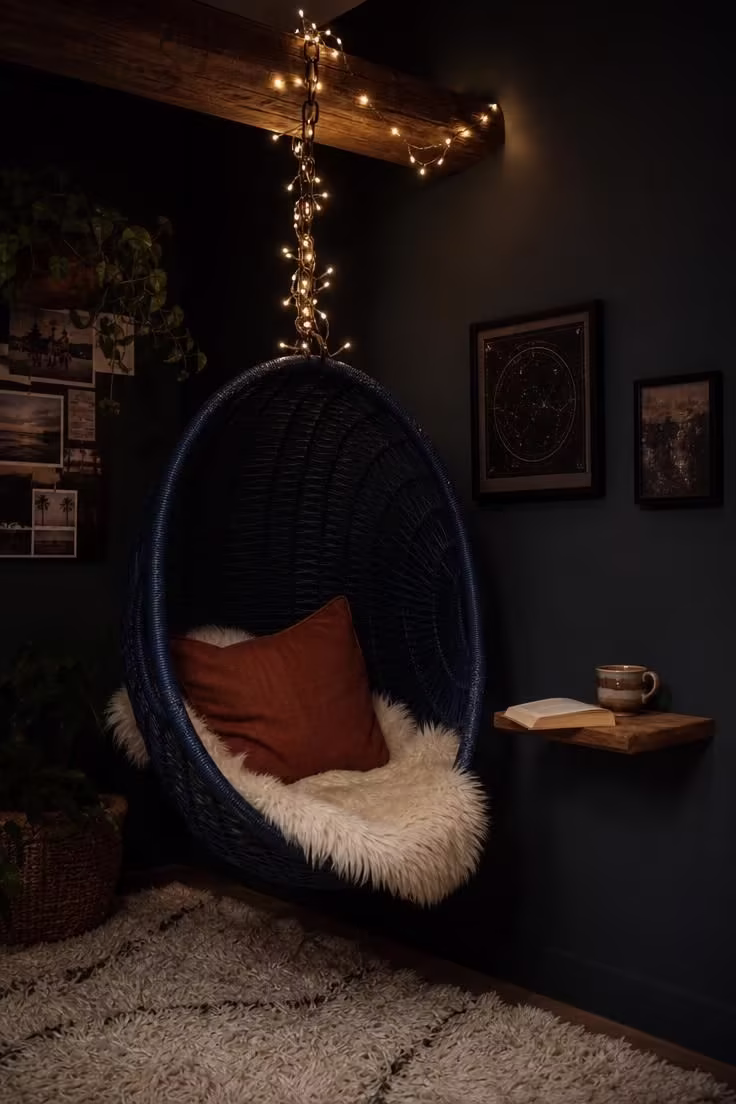 11 Cozy Teen Reading Nook Ideas to Love and Unwind 3 Navy woven rattan egg chair hanging from a ceiling beam with warm string lights wrapped around the chain in a moody low-lit setting