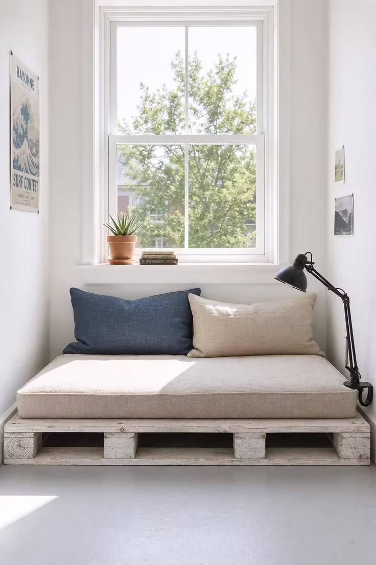 11 Cozy Teen Reading Nook Ideas to Love and Unwind 4 Whitewashed pallet platform with sand linen cushions and a black clip lamp beneath a sunlit window at midday