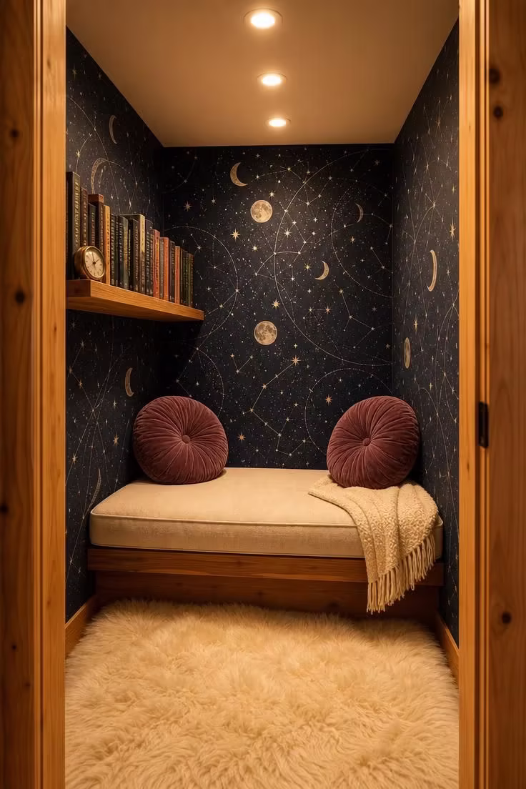 11 Cozy Teen Reading Nook Ideas to Love and Unwind 6 Walk-in closet converted into a teen reading nook with celestial wallpaper, cream platform bench, and LED puck lights on the ceiling