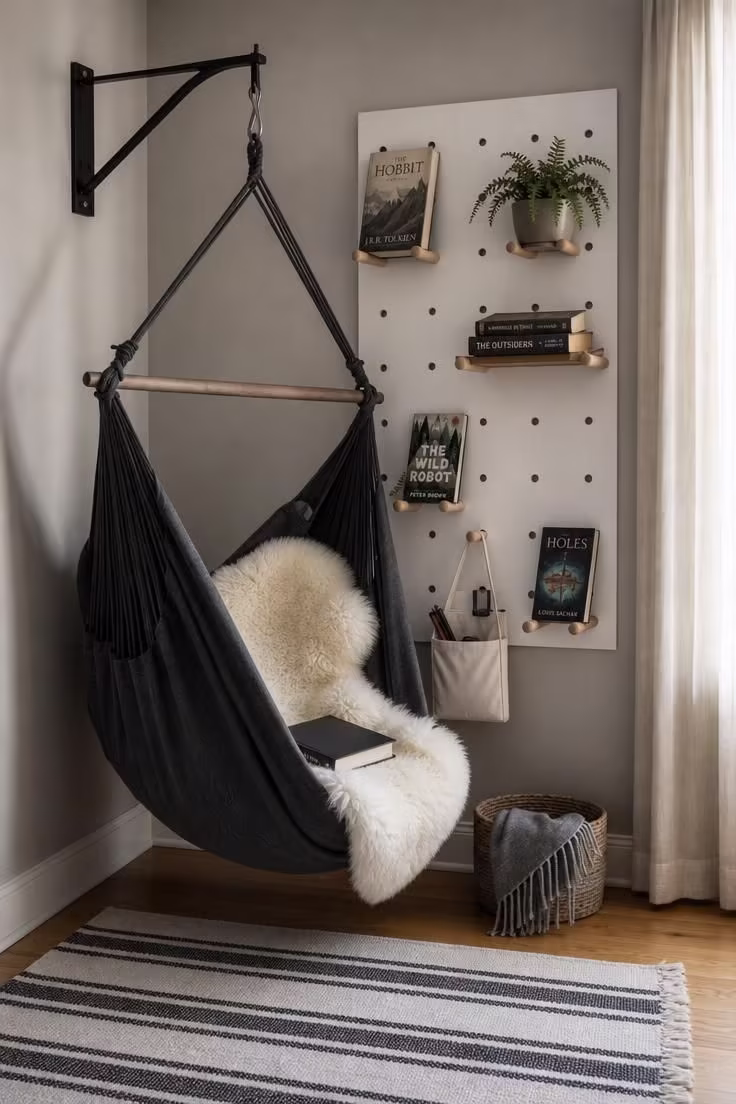 11 Cozy Teen Reading Nook Ideas to Love and Unwind 7 Charcoal linen hammock chair beside a white pegboard book display with adjustable dowel shelves in soft diffused light