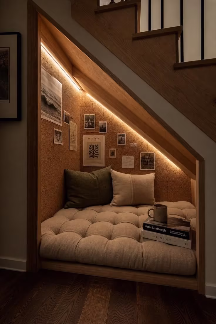 11 Cozy Teen Reading Nook Ideas to Love and Unwind 8 Under-stairs alcove reading nook with cork tile wall, tufted oatmeal bench cushion, and LED strip lighting along stair treads
