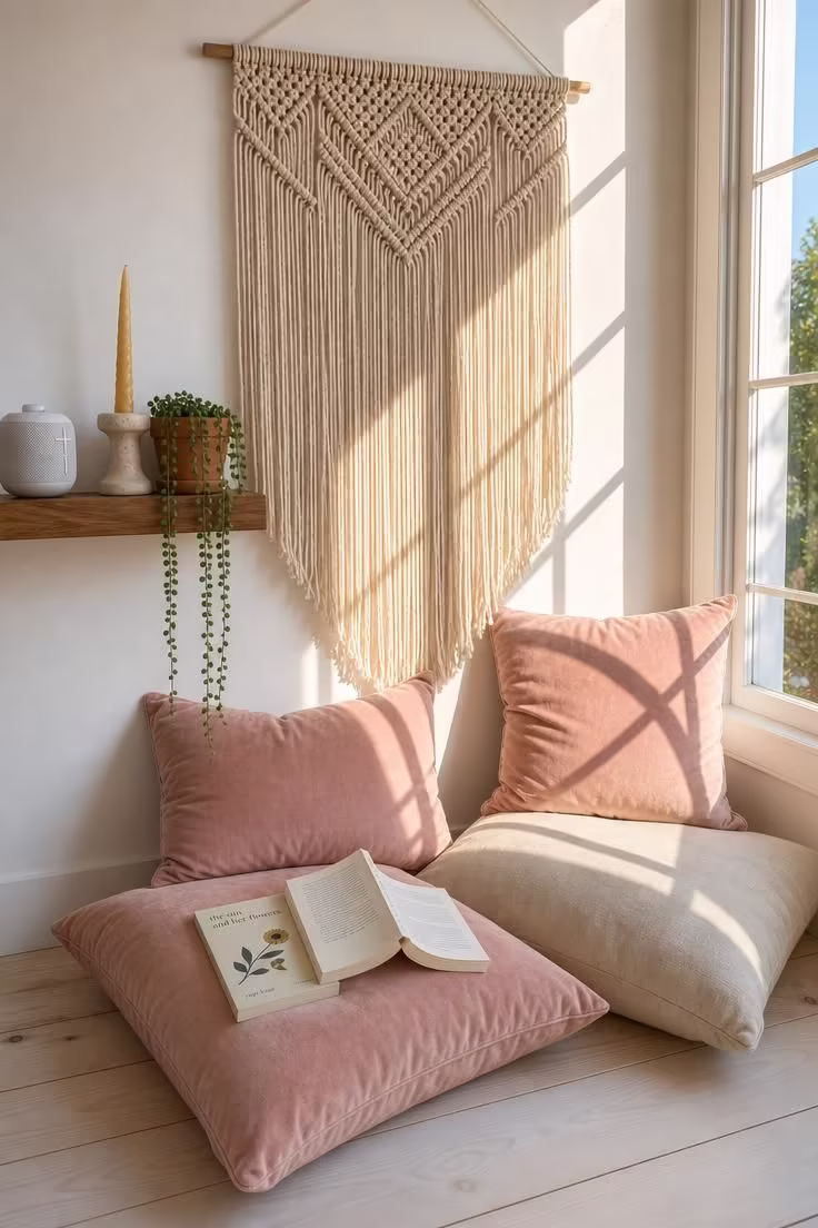 11 Cozy Teen Reading Nook Ideas to Love and Unwind 9 Blush velvet floor cushions stacked under a macrame wall hanging with a narrow acacia shelf holding a speaker and trailing plant