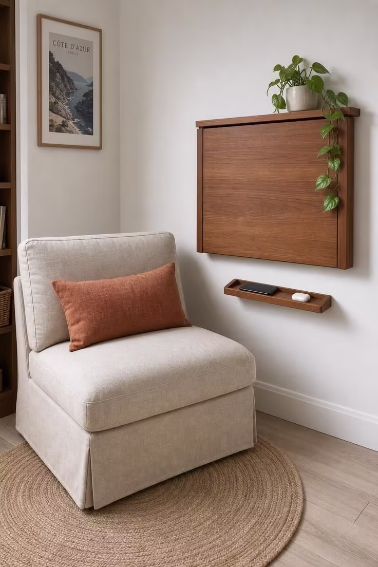 11 Cozy Teen Reading Nook Ideas to Love and Unwind 10 Wall-mounted teak fold-down shelf beside a deep oatmeal linen slipper chair with a trailing philodendron and cool overcast light