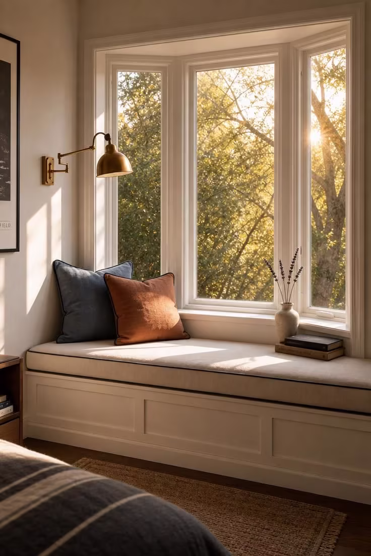 11 Cozy Teen Reading Nook Ideas to Love and Unwind 11 Bay window bench with piped oatmeal cushion, charcoal contrast piping, and a brass swing-arm reading lamp in warm afternoon light