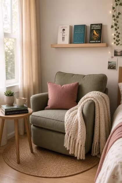 11 Cozy Teen Reading Nook Ideas to Love and Unwind Cozy teen reading nook with a sage linen armchair, floating book shelf, cream throw, and soft afternoon light in a calm bedroom corner