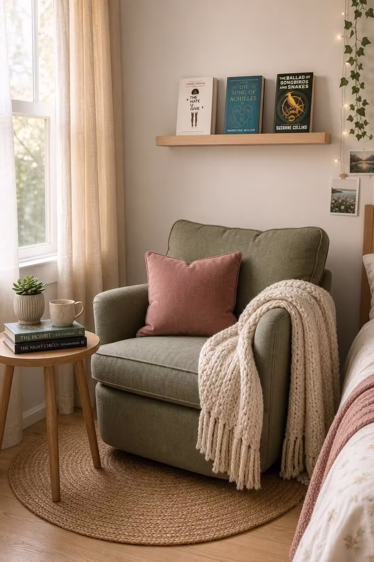 Cozy teen reading nook with a sage linen armchair, floating book shelf, cream throw, and soft afternoon light in a calm bedroom corner