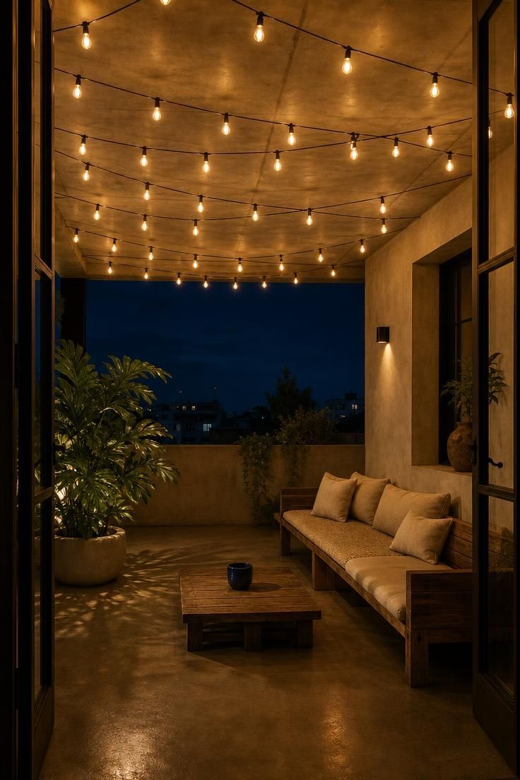12 Cozy Terrace Decoration Ideas for a Fun Party Night 1 Wide terrace view at dusk with zigzag Edison bulb string lights forming a warm ceiling grid over natural wood seating.