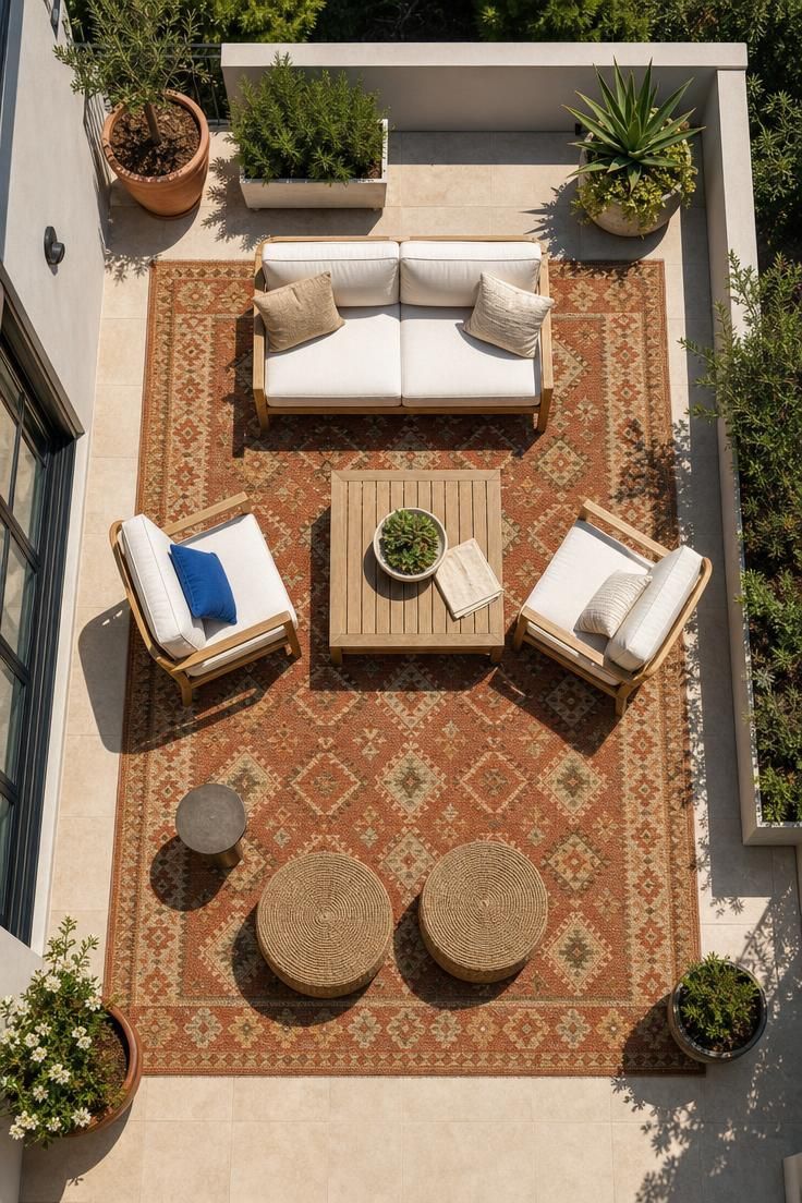 12 Cozy Terrace Decoration Ideas for a Fun Party Night 2 Overhead view of a weatherproof geometric outdoor rug anchoring a terrace seating cluster with warm neutral tones.