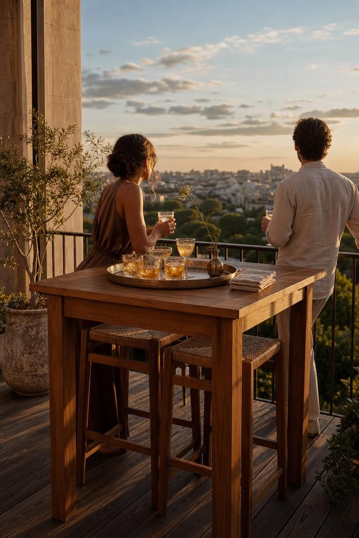 12 Cozy Terrace Decoration Ideas for a Fun Party Night 4 Counter-height teak bistro table against a terrace railing with drinks and two guests standing at the view.