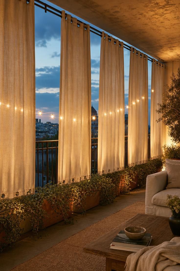 12 Cozy Terrace Decoration Ideas for a Fun Party Night 6 Linen canvas fabric panels with weighted hems softening a terrace railing in warm evening light.