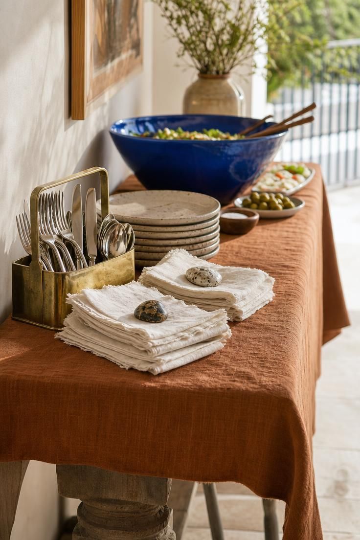 12 Cozy Terrace Decoration Ideas for a Fun Party Night 7 Buffet table with linen runner and a cobalt blue ceramic bowl against a terrace wall in bright daylight.