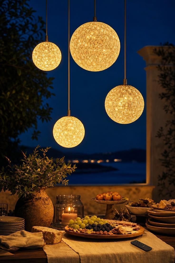 12 Cozy Terrace Decoration Ideas for a Fun Party Night 8 Battery-operated glowing orbs hanging at staggered heights above a food table in warm evening light.