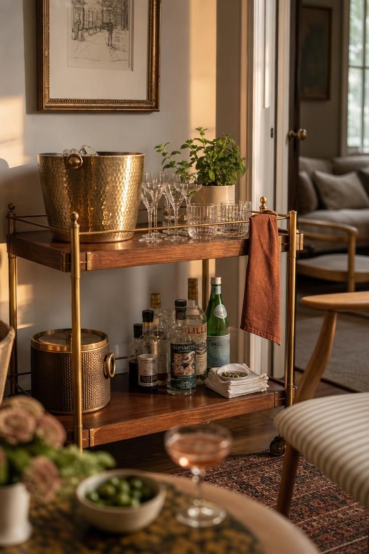 12 Cozy Terrace Decoration Ideas for a Fun Party Night 10 Teak and brass bar cart with ice bucket, glassware, and a potted herb staged near a terrace doorway.
