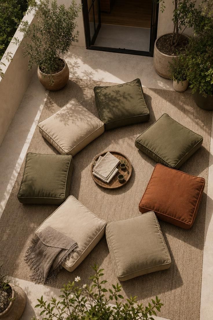 12 Cozy Terrace Decoration Ideas for a Fun Party Night 11 Overhead view of oversized olive and sand canvas floor cushions arranged in a crescent near a terrace railing.