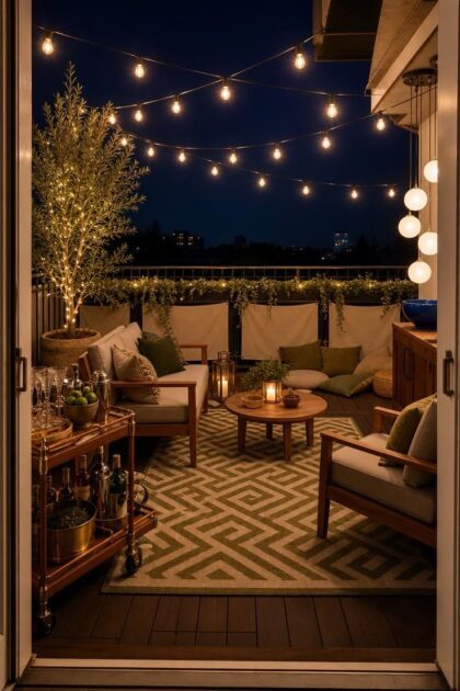 12 Cozy Terrace Decoration Ideas for a Fun Party Night Complete cozy terrace at night with layered warm lighting, greenery, seating zones, and a bar cart ready for a party.