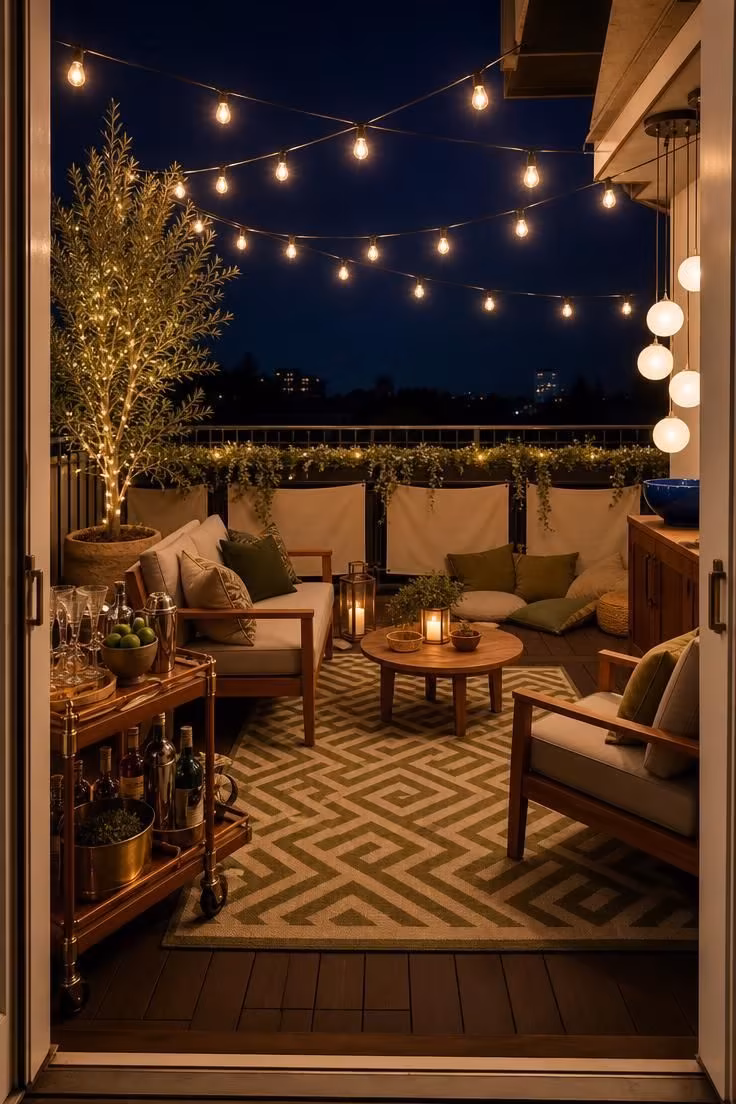 Simple Spaces 17 Complete cozy terrace at night with layered warm lighting, greenery, seating zones, and a bar cart ready for a party.