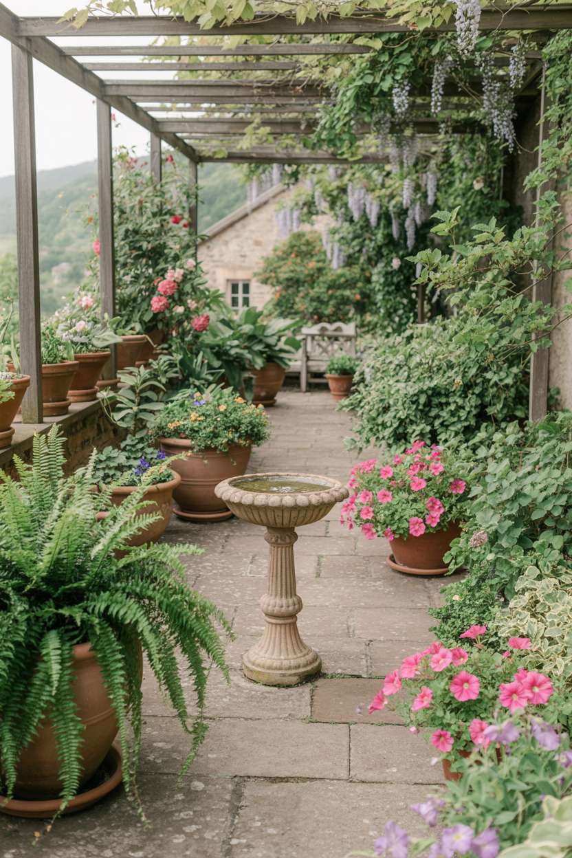 29 Inspiring Terrace Garden Design Ideas You’ll Want to Try 1 Weathered stone pathway winding through terracotta pots filled with ferns, ivy, and petunias, leading to a stone cottage with climbing roses