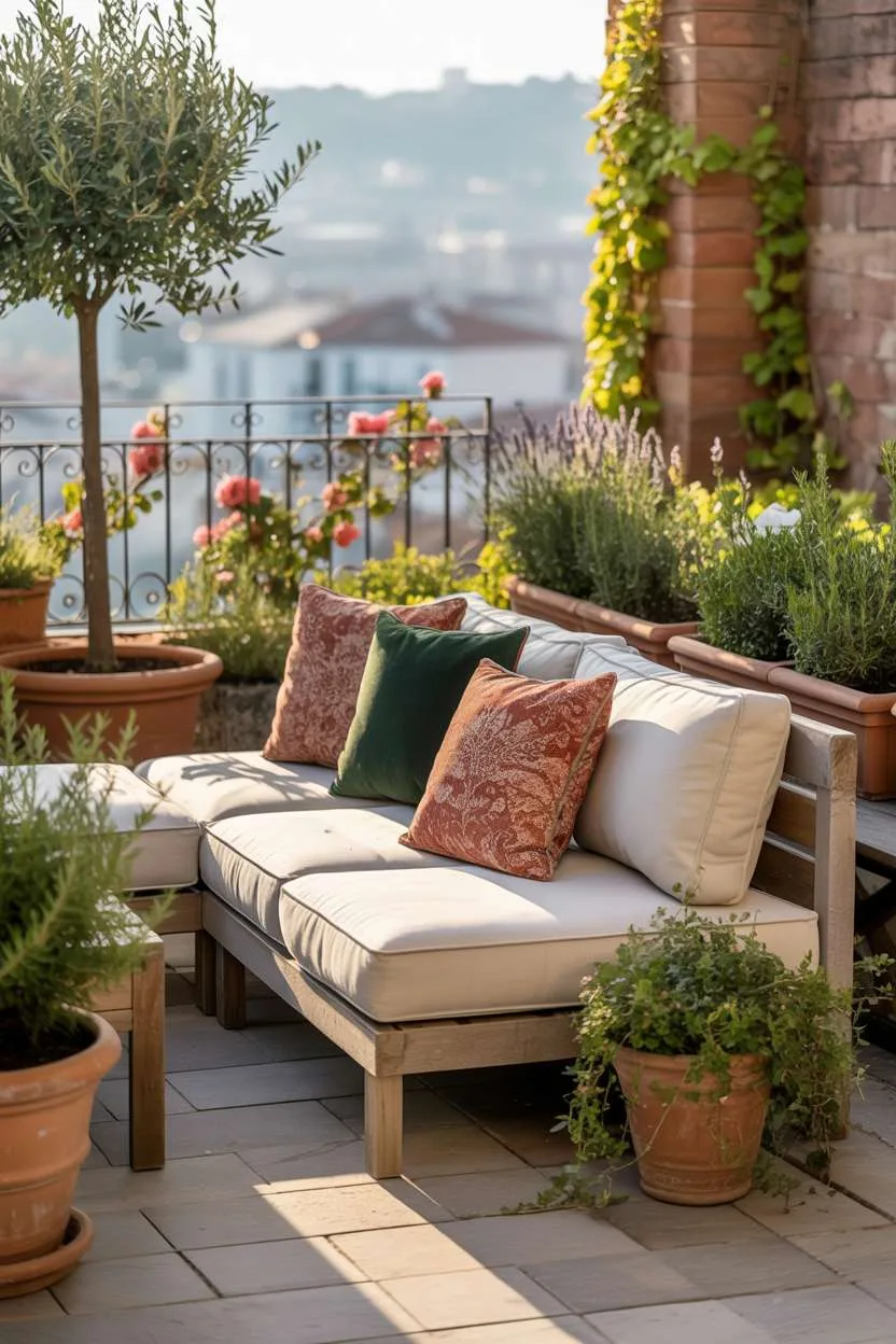 29 Inspiring Terrace Garden Design Ideas You’ll Want to Try 2 White sectional sofa with green and terracotta pillows surrounded by olive trees, lavender, and ivy on a gray stone terrace