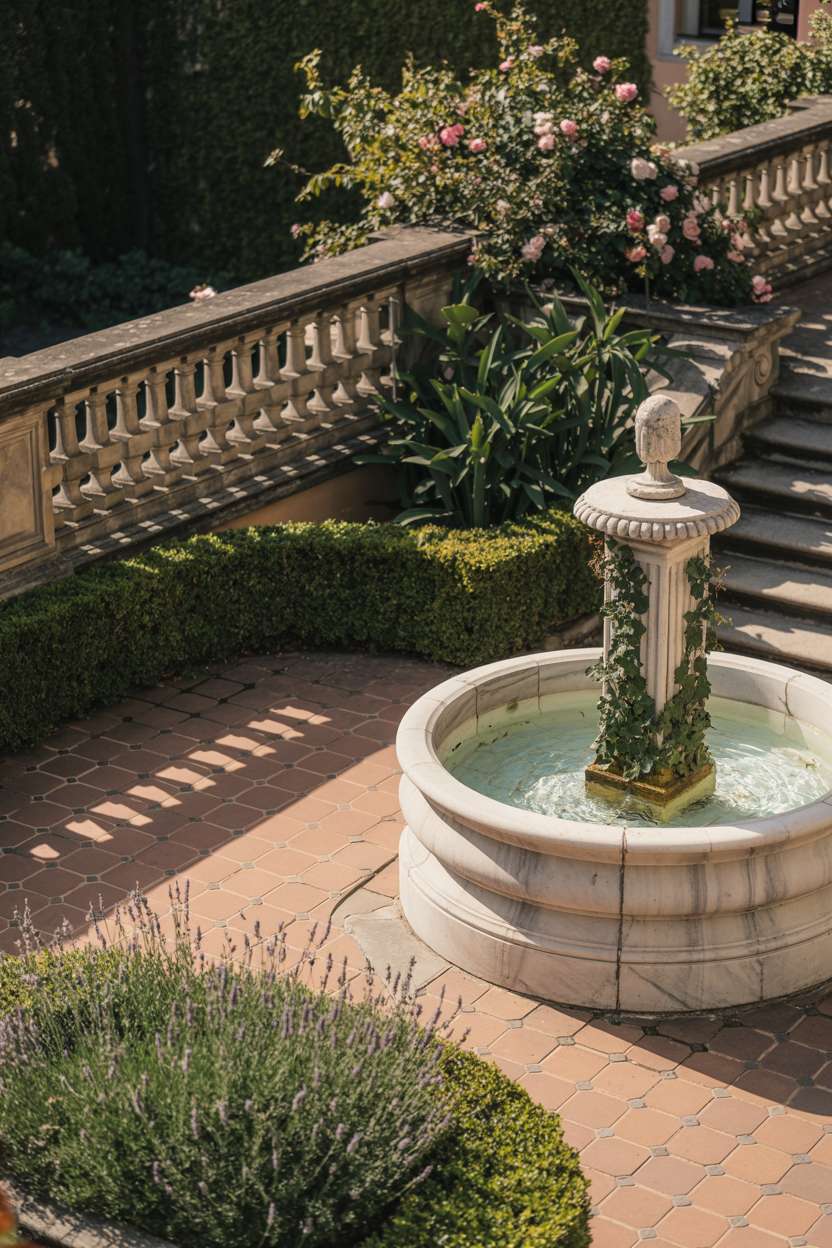 29 Inspiring Terrace Garden Design Ideas You’ll Want to Try 3 Marble fountain surrounded by lavender bushes, sculpted hedges, and climbing roses on patterned terracotta tiles