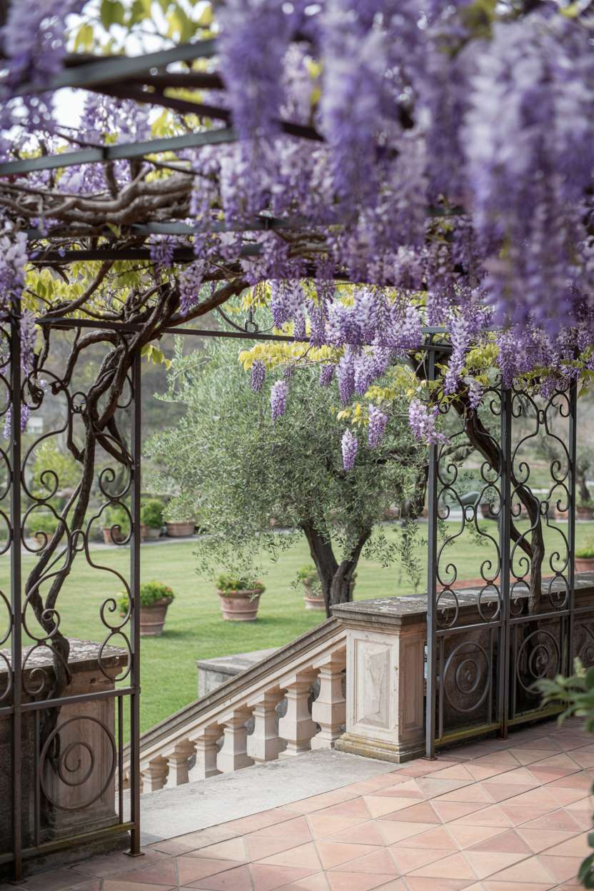 29 Inspiring Terrace Garden Design Ideas You’ll Want to Try 4 Purple wisteria cascading over wrought-iron pergola with olive trees and terracotta flooring