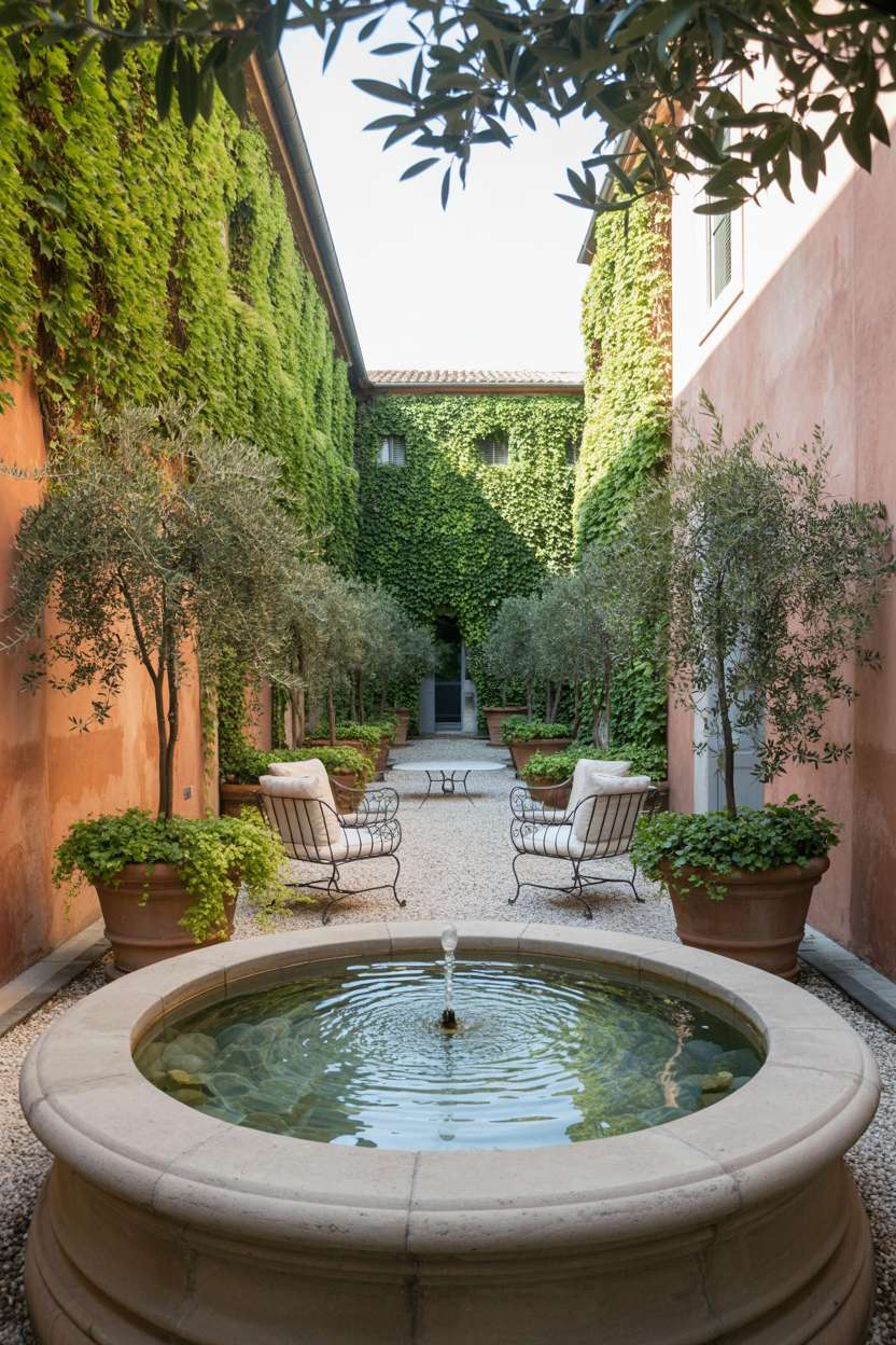29 Inspiring Terrace Garden Design Ideas You’ll Want to Try 5 Stone fountain with ivy-covered terracotta walls, olive trees, and white gravel pathways leading to wrought-iron seating