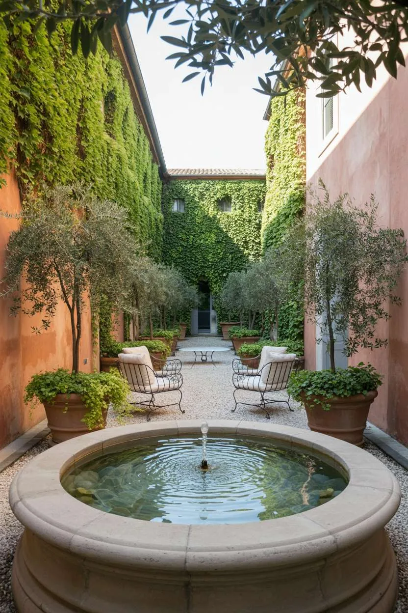 29 Inspiring Terrace Garden Design Ideas You’ll Want to Try 5 Stone fountain with ivy-covered terracotta walls, olive trees, and white gravel pathways leading to wrought-iron seating