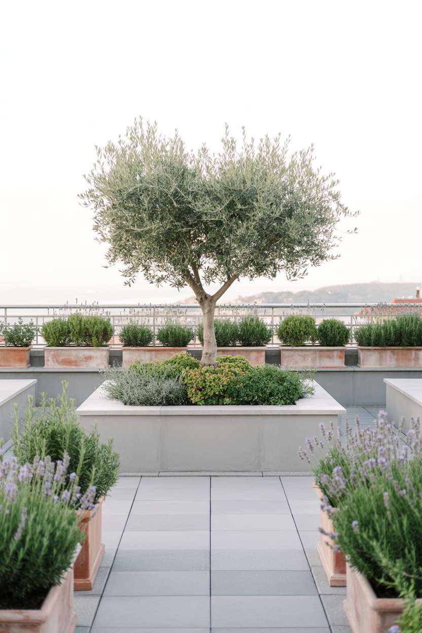 29 Inspiring Terrace Garden Design Ideas You’ll Want to Try 6 Single olive tree on gray paving stones surrounded by terracotta planters with lavender and rosemary