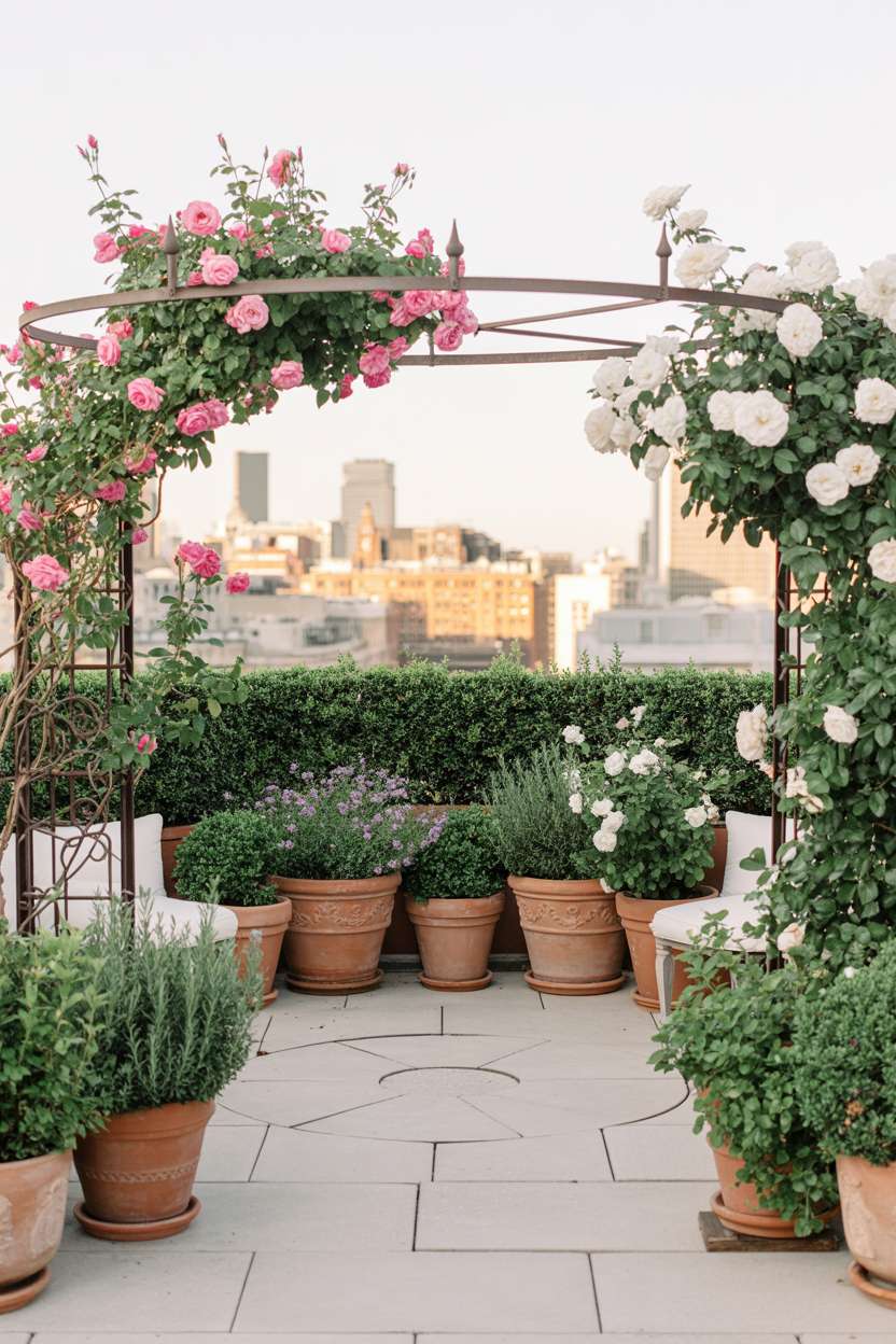 29 Inspiring Terrace Garden Design Ideas You’ll Want to Try 7 Circular stone patio with pink and white climbing roses on wrought iron trellis, lavender and rosemary pots, boxwood hedge