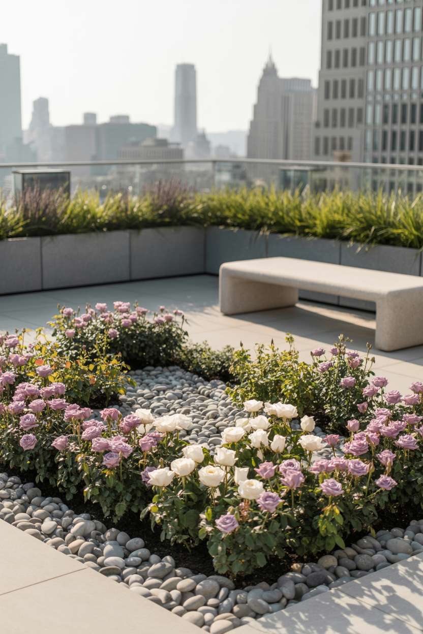29 Inspiring Terrace Garden Design Ideas You’ll Want to Try 8 Geometric pattern of lavender and white roses with gray river stones and modern stone bench overlooking city skyline