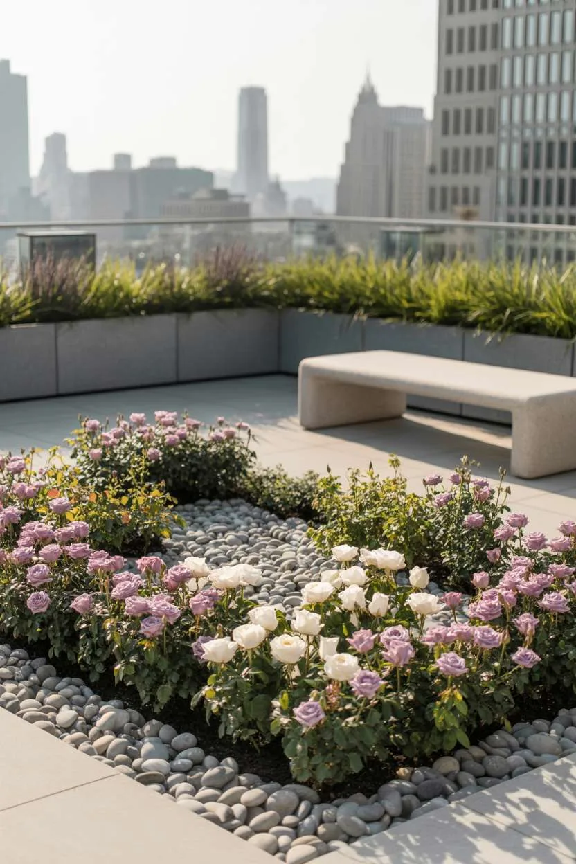 29 Inspiring Terrace Garden Design Ideas You’ll Want to Try 8 Geometric pattern of lavender and white roses with gray river stones and modern stone bench overlooking city skyline