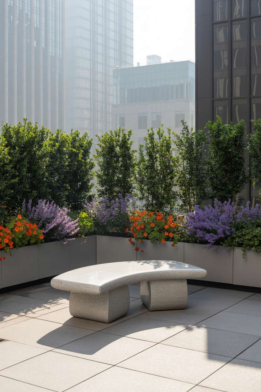 29 Inspiring Terrace Garden Design Ideas You’ll Want to Try 9 Curved gray granite bench surrounded by boxwood hedges, purple lavender, and orange nasturtiums in white planters