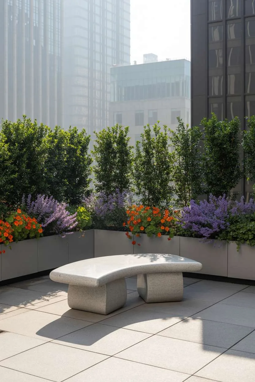 29 Inspiring Terrace Garden Design Ideas You’ll Want to Try 9 Curved gray granite bench surrounded by boxwood hedges, purple lavender, and orange nasturtiums in white planters