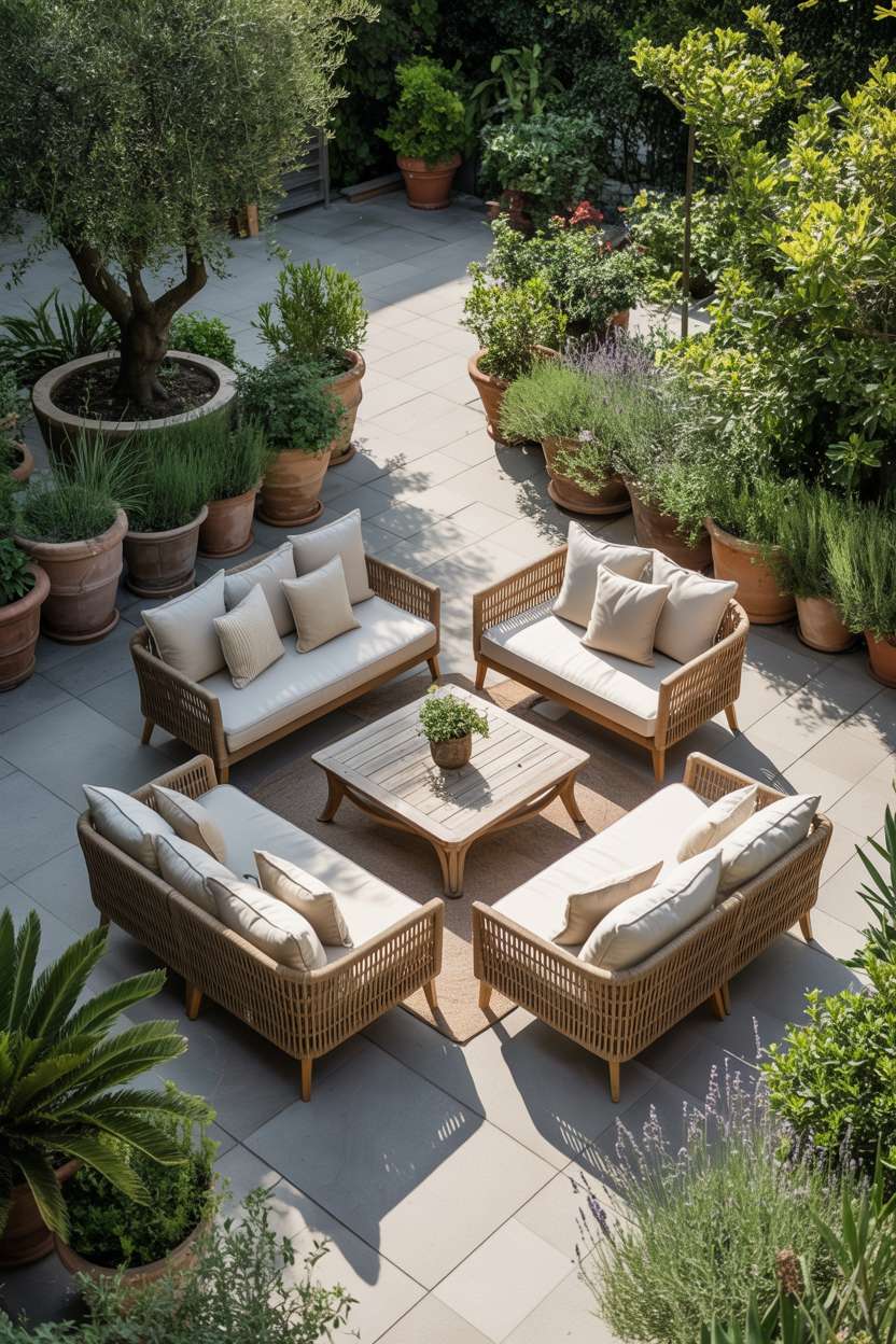 29 Inspiring Terrace Garden Design Ideas You’ll Want to Try 10 Aerial view of circular seating area with cream cushions, rattan chairs, and wooden coffee table surrounded by layered plantings