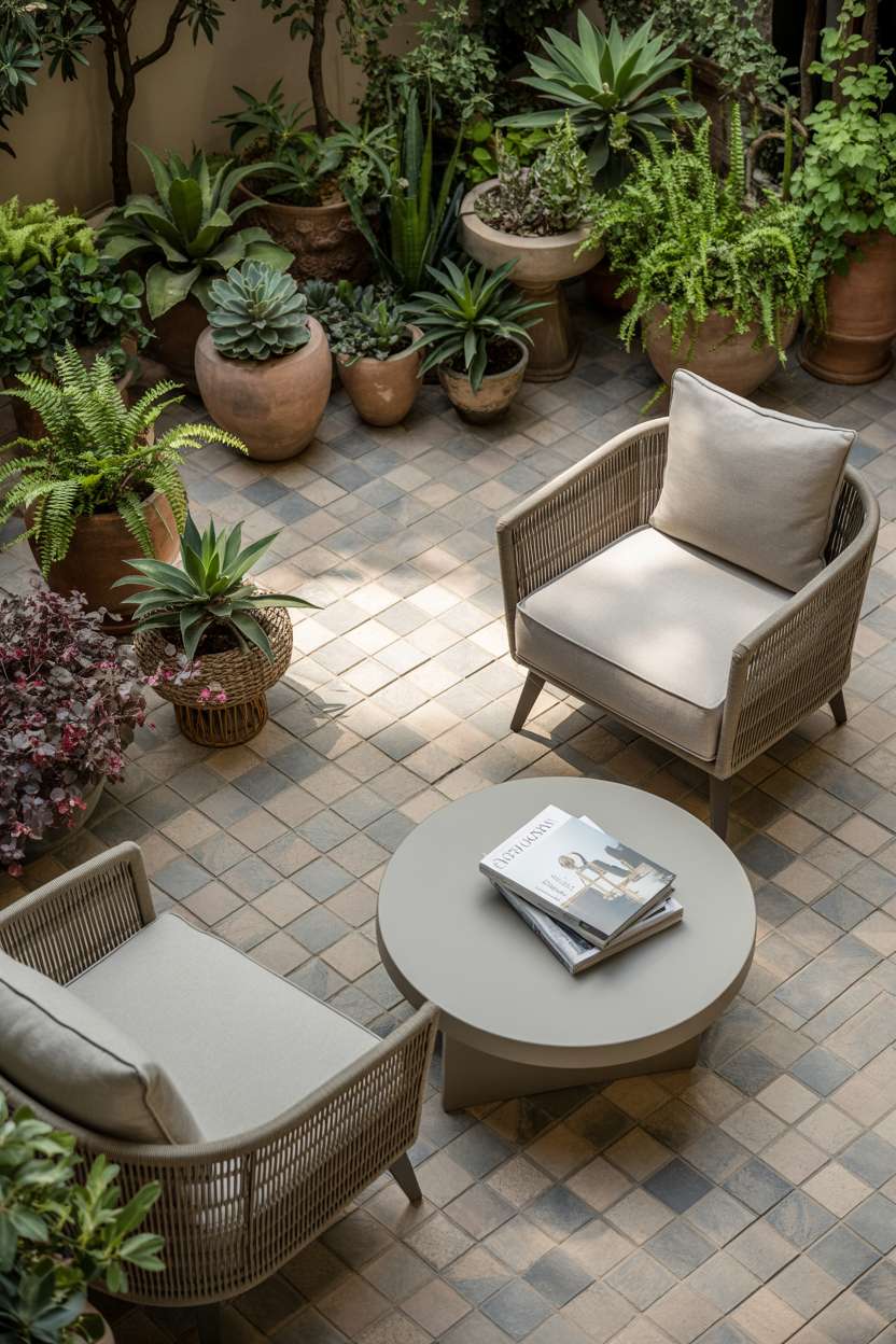 29 Inspiring Terrace Garden Design Ideas You’ll Want to Try 11 Oversized woven armchair with cushions near modern coffee table, surrounded by grouped plants of varying sizes on patterned stone