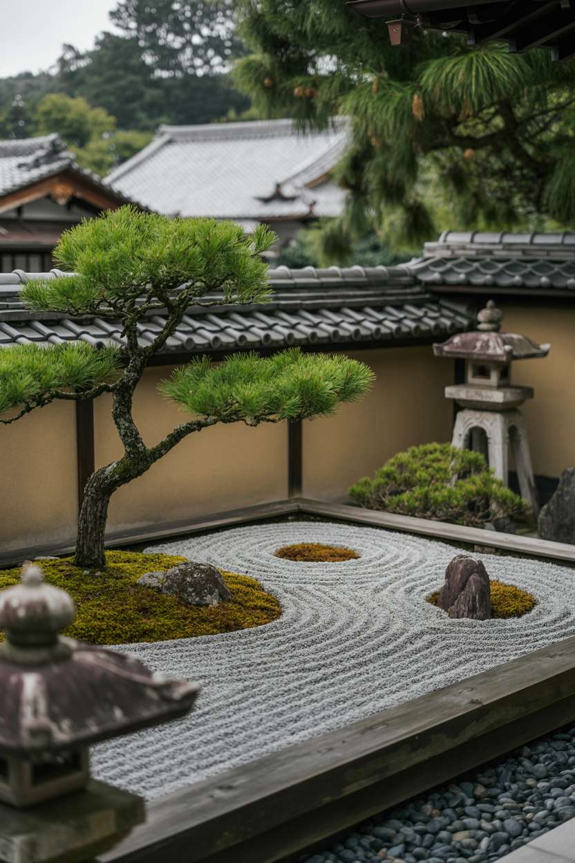 29 Inspiring Terrace Garden Design Ideas You’ll Want to Try 12 Raked gravel zen garden with swirling patterns, wooden borders, bonsai pine tree, and moss-covered stone lanterns