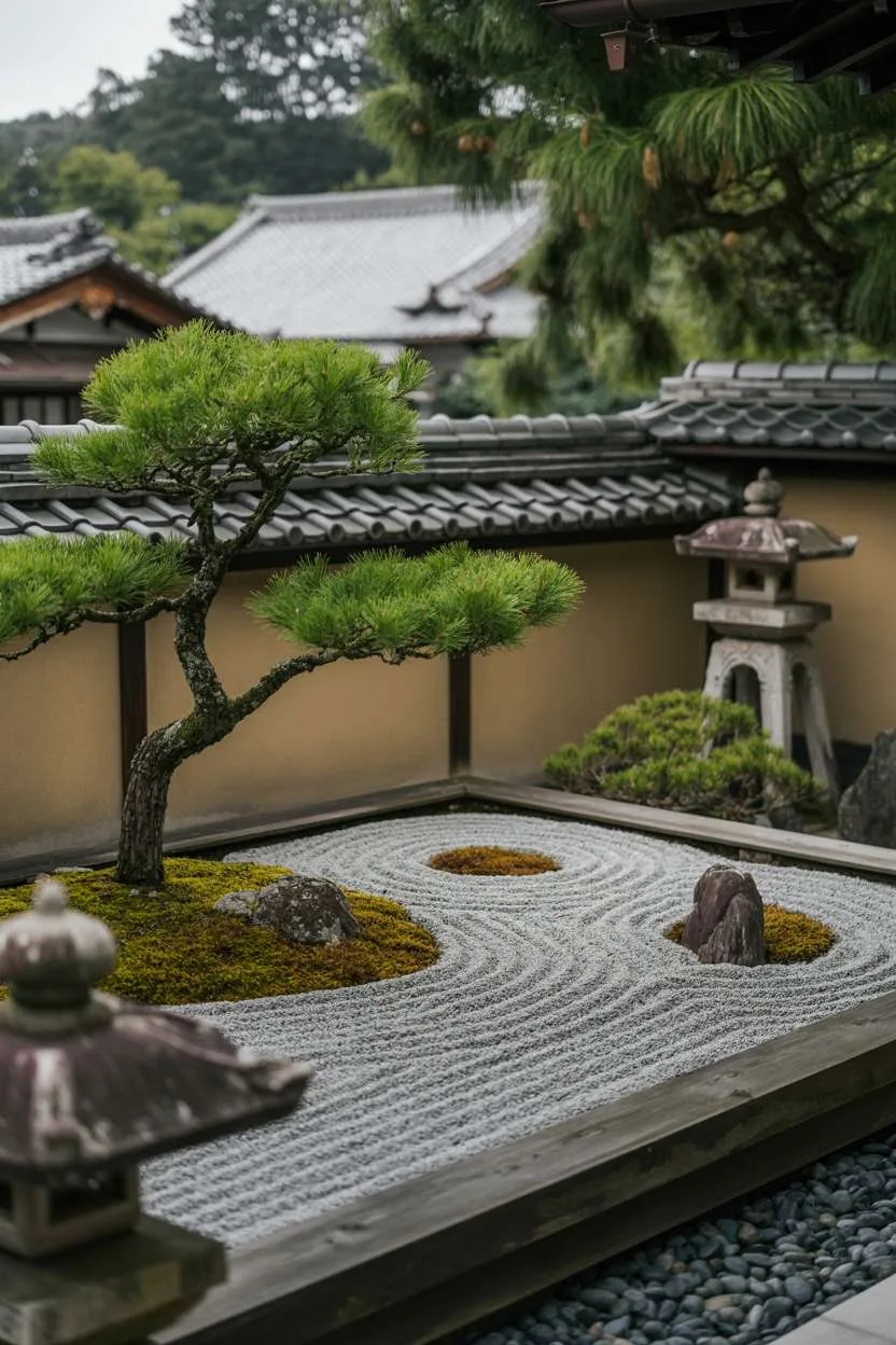 29 Inspiring Terrace Garden Design Ideas You’ll Want to Try 12 Raked gravel zen garden with swirling patterns, wooden borders, bonsai pine tree, and moss-covered stone lanterns