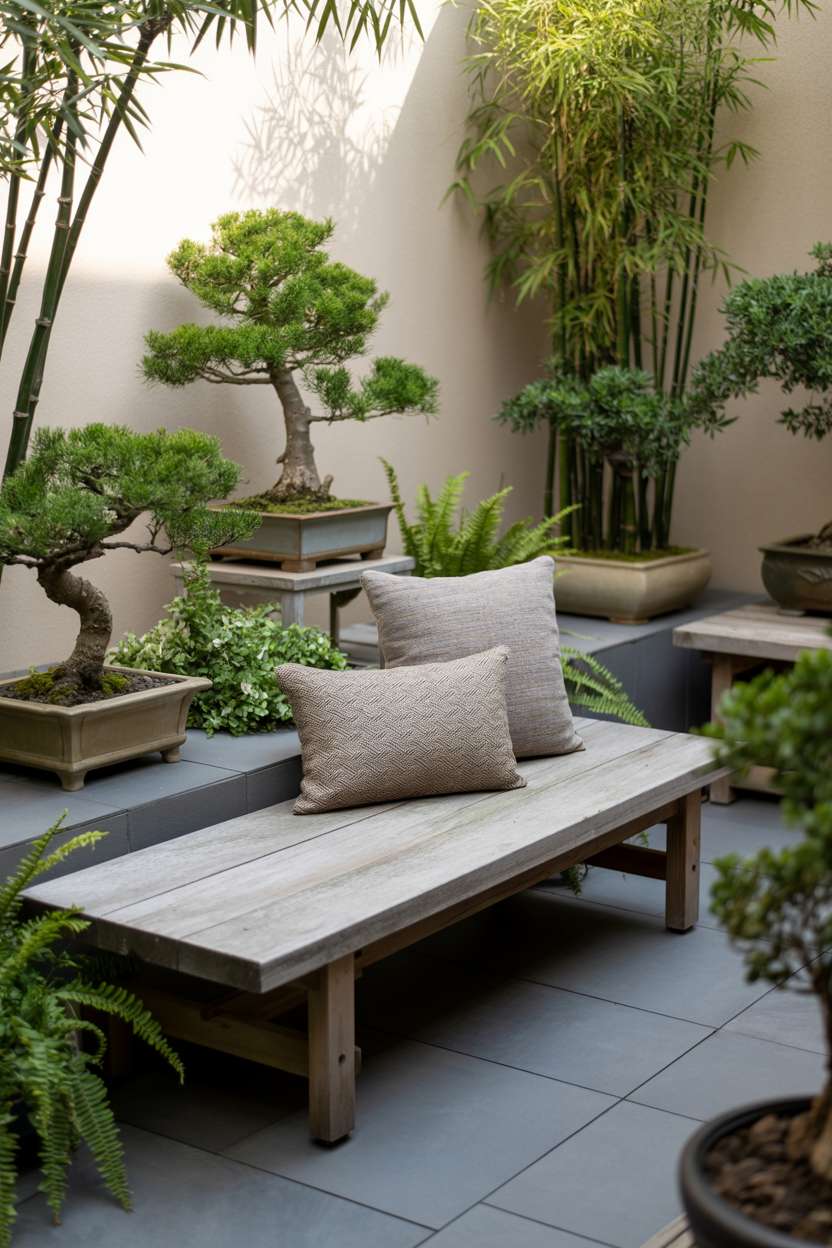29 Inspiring Terrace Garden Design Ideas You’ll Want to Try 13 Weathered wooden bench with linen cushions surrounded by bonsai trees, ferns, and bamboo stalks on gray paving