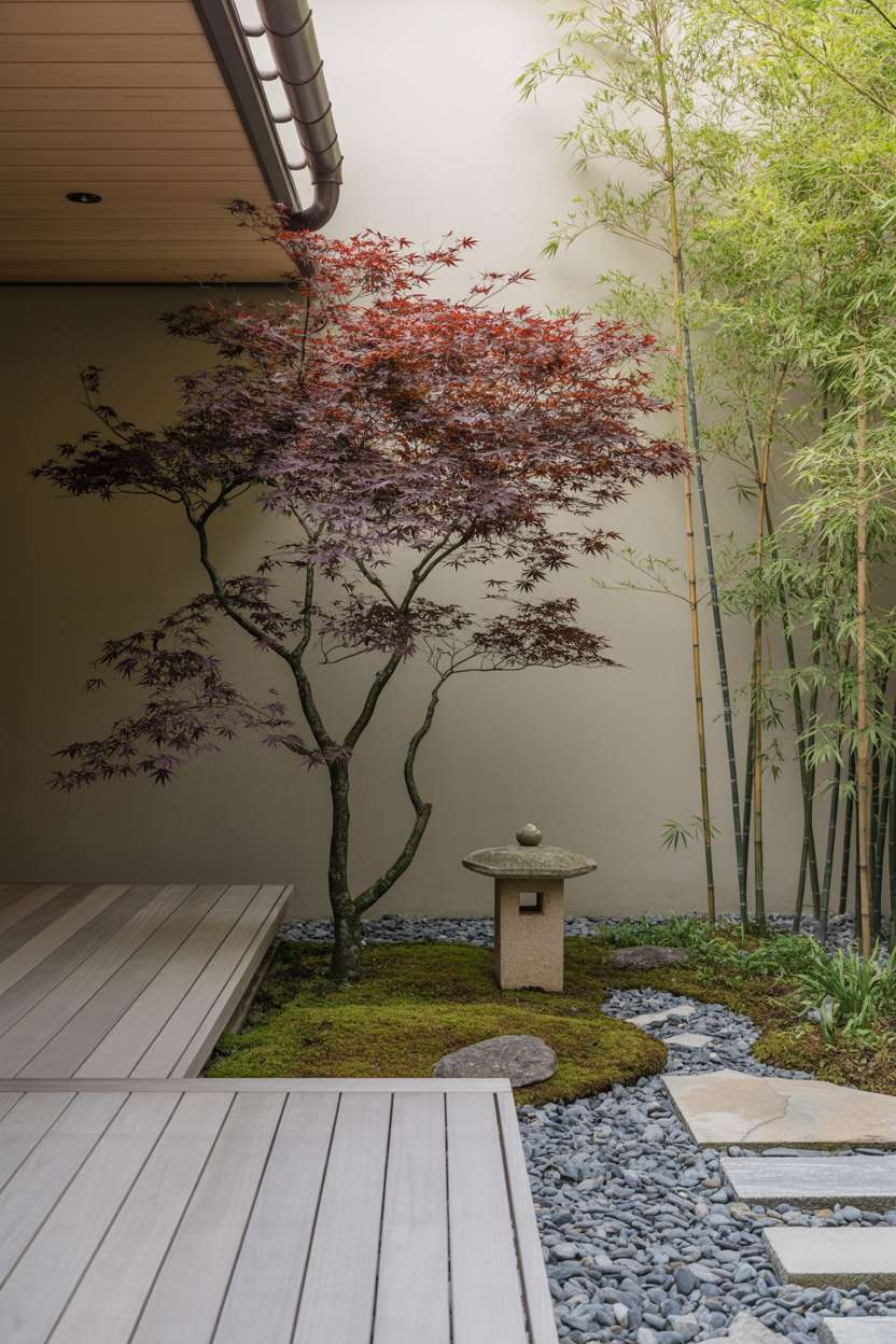 29 Inspiring Terrace Garden Design Ideas You’ll Want to Try 14 Vibrant crimson Japanese maple tree on gray concrete and pale wood decking with stone lantern and bamboo stalks